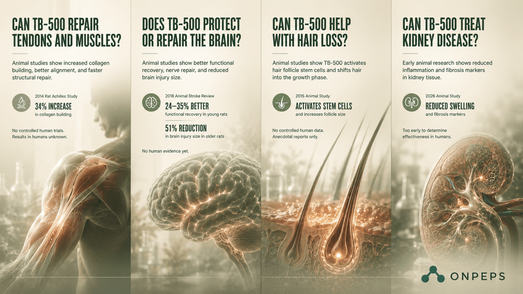 Current preclinical evidence for TB-500 across four therapeutic areas: tendon and muscle repair, brain recovery, hair growth, and kidney disease, by onpeps.com